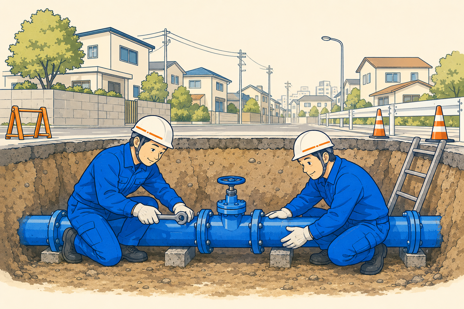 暮らしの足元で水道管を整備する作業員