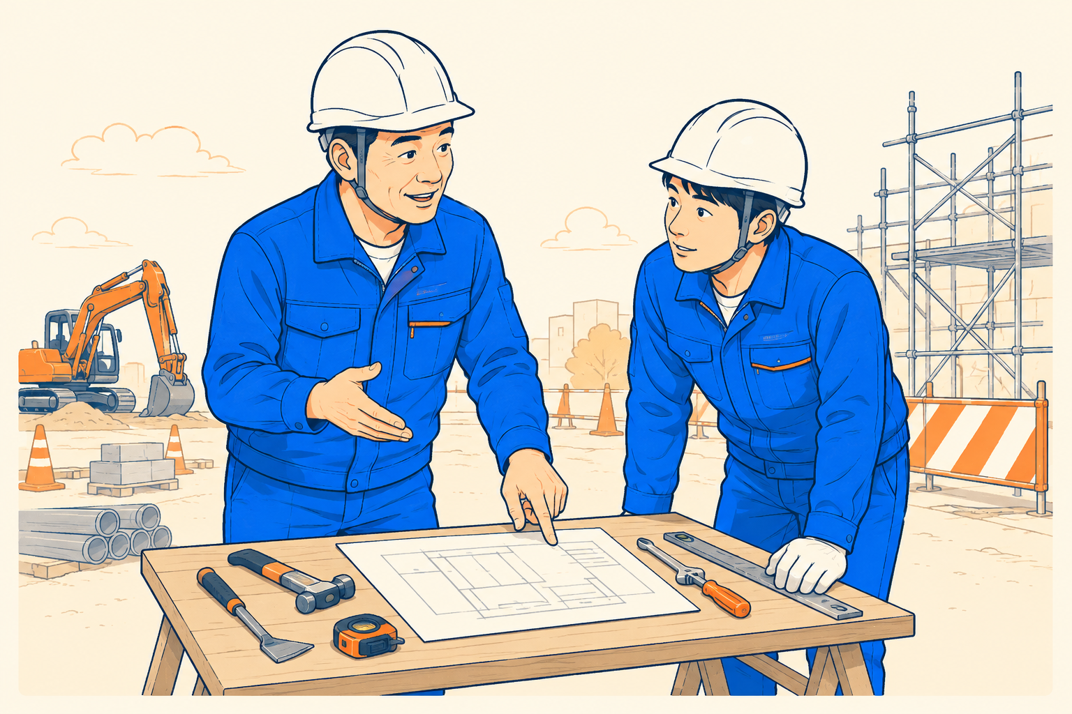 現場で経験を伝え合う作業員