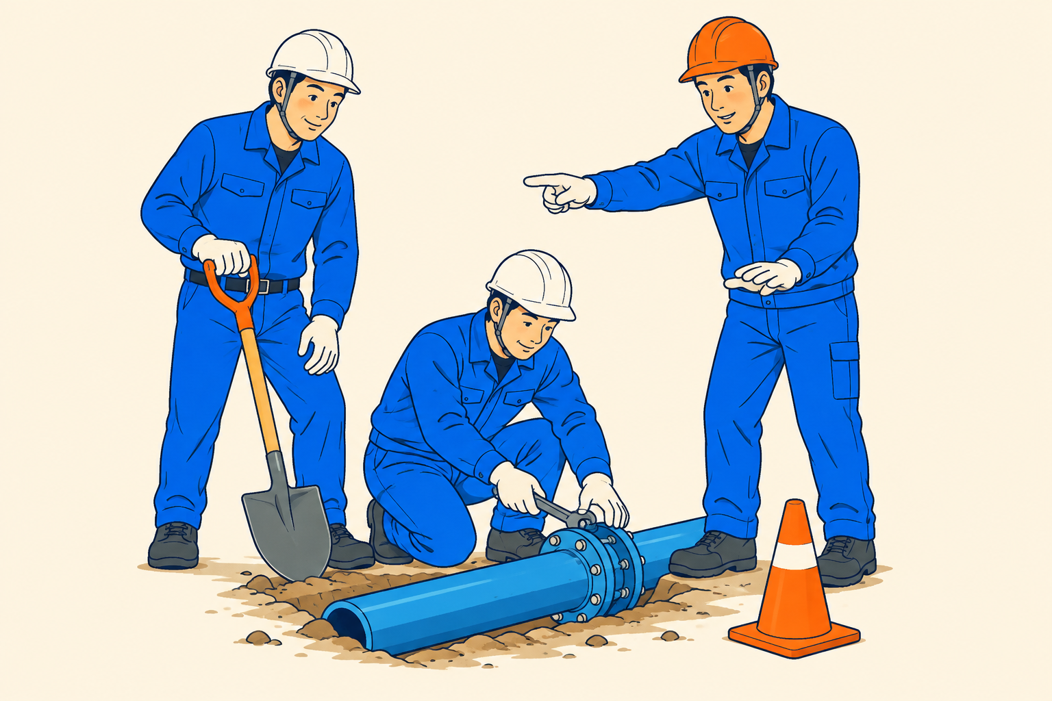 仲間と声を掛け合いながら水道管の工事を進める作業員のイラスト